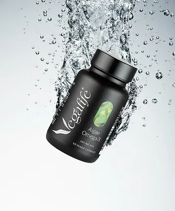 VegaLife algae omega-3 bottle in the brand’s water photography